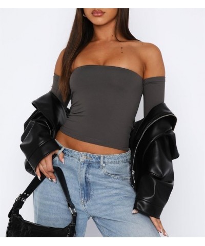 Women Y2k Off Shoulder Crop Top Sheer Mesh Long Sleeve T Shirt See Through Slim Fit Tube Top Trendy Streetwear E1-grey-e1 $9....