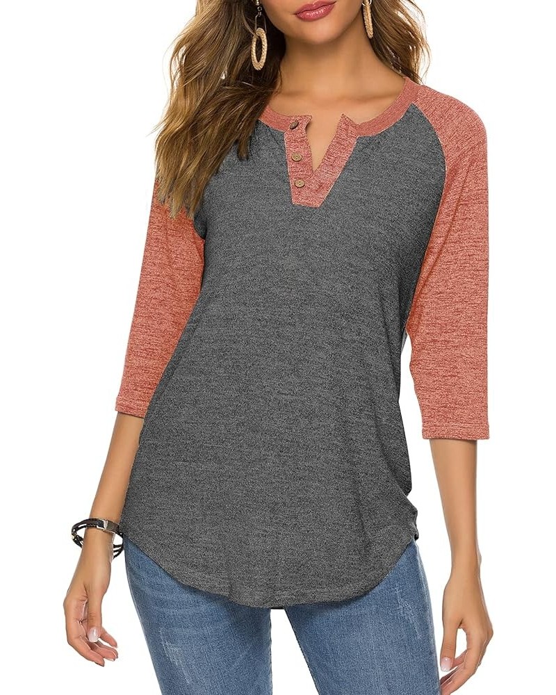 Women's Raglan Round Neck Summer Tops Ladies Basic Button Henley Shirt Boyfriend Style Blouse Pink Sleeve+deep Grey $18.23 Tops