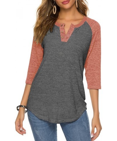 Women's Raglan Round Neck Summer Tops Ladies Basic Button Henley Shirt Boyfriend Style Blouse Pink Sleeve+deep Grey $18.23 Tops