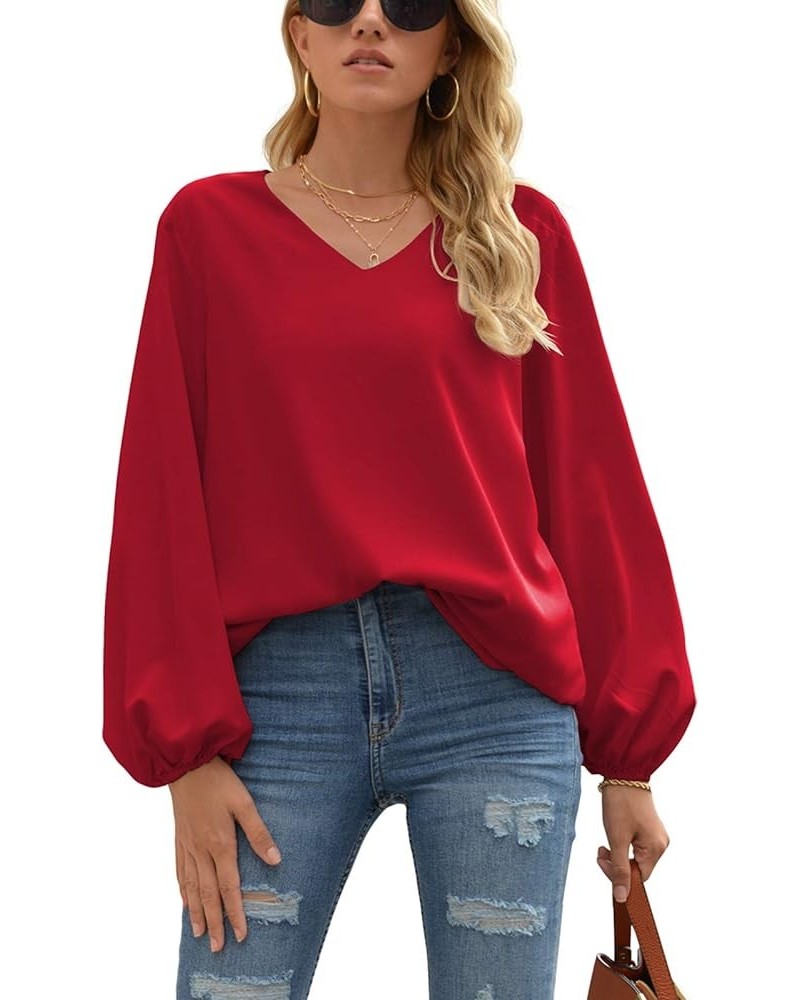 Women's Casual Sweet & Cute Loose Shirt Balloon Sleeve V-Neck Chiffon Blouse Top A04 Wine Red $17.35 Blouses