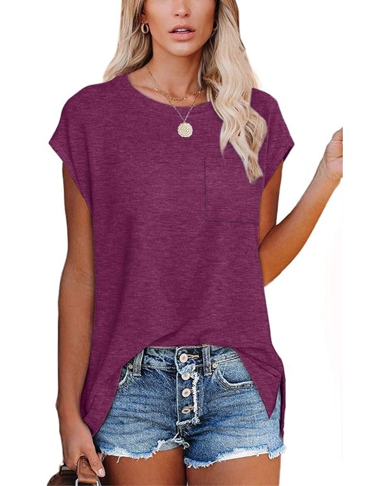 T Shirts for Women Loose Fit Cap Sleeve T Shirts with Pocket for Women 005-red $10.32 Tops