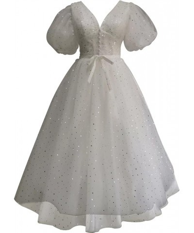 Women's Sparkle Starry Tulle Prom Dresses Puffy Sleeve Slit Formal Evening Party Gowns White-tea Length $27.00 Dresses