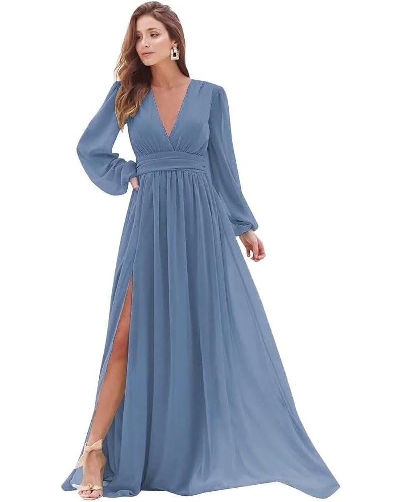 Long Sleeve Bridesmaid Dresses with Slit for Women V Neck A Line Pleated Chiffon Evening Prom Formal Gowns Dusty Blue $33.00 ...