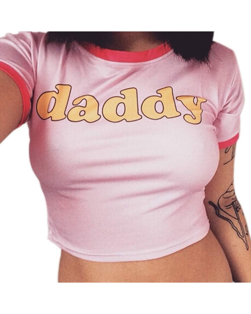 Crop Top Women Girl's Pink Crew Neck Sexy Short Sleeve Daddy Tight Midriff-Baring T-Shirt $8.40 Tanks