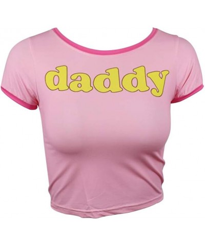 Crop Top Women Girl's Pink Crew Neck Sexy Short Sleeve Daddy Tight Midriff-Baring T-Shirt $8.40 Tanks