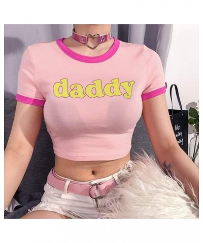 Crop Top Women Girl's Pink Crew Neck Sexy Short Sleeve Daddy Tight Midriff-Baring T-Shirt $8.40 Tanks