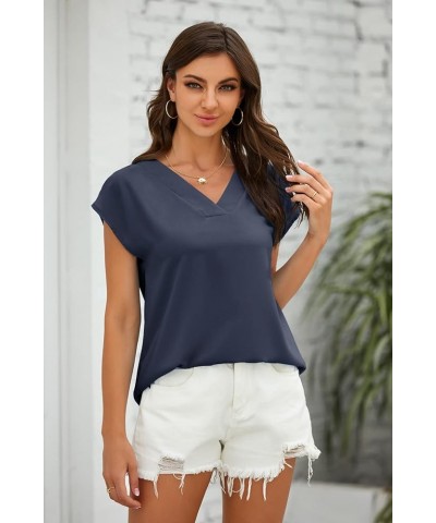 Women's V Neck Chiffon Blouses Cap Sleeve Shirts Casual Loose Work Office Solid Tops Navy $12.74 Blouses