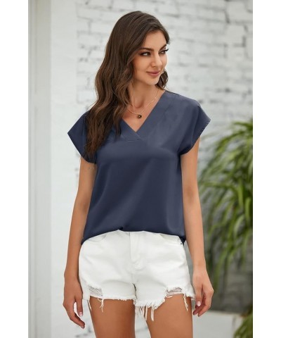 Women's V Neck Chiffon Blouses Cap Sleeve Shirts Casual Loose Work Office Solid Tops Navy $12.74 Blouses