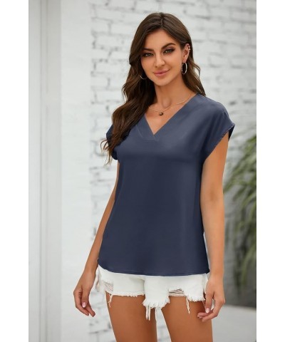 Women's V Neck Chiffon Blouses Cap Sleeve Shirts Casual Loose Work Office Solid Tops Navy $12.74 Blouses