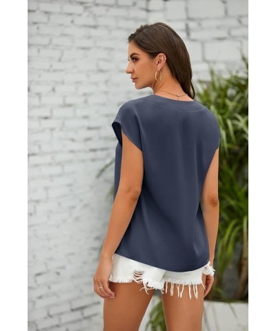 Women's V Neck Chiffon Blouses Cap Sleeve Shirts Casual Loose Work Office Solid Tops Navy $12.74 Blouses