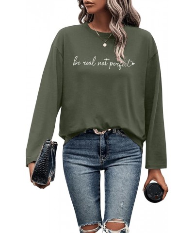 Women's Crewneck Letter Graphic Loose Long Sleeve T-Shirts Spring Simple Casual Comfy Tee Tops Shirts Army Green $10.08 T-Shirts