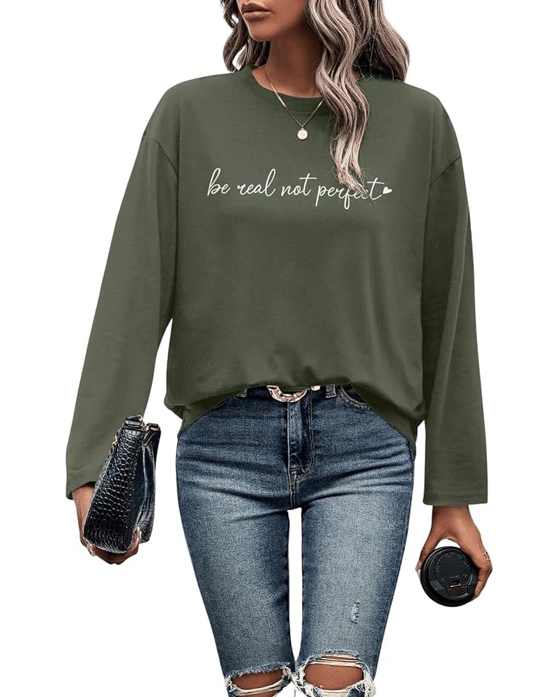 Women's Crewneck Letter Graphic Loose Long Sleeve T-Shirts Spring Simple Casual Comfy Tee Tops Shirts Army Green $10.08 T-Shirts