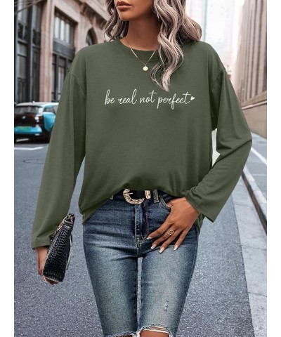 Women's Crewneck Letter Graphic Loose Long Sleeve T-Shirts Spring Simple Casual Comfy Tee Tops Shirts Army Green $10.08 T-Shirts