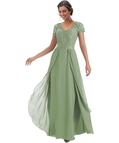 Short Sleeves Lace Appliques Mother of The Bride Dresses for Wedding Chiffon A-Line Long Formal Dress Sage Green $37.40 Dresses