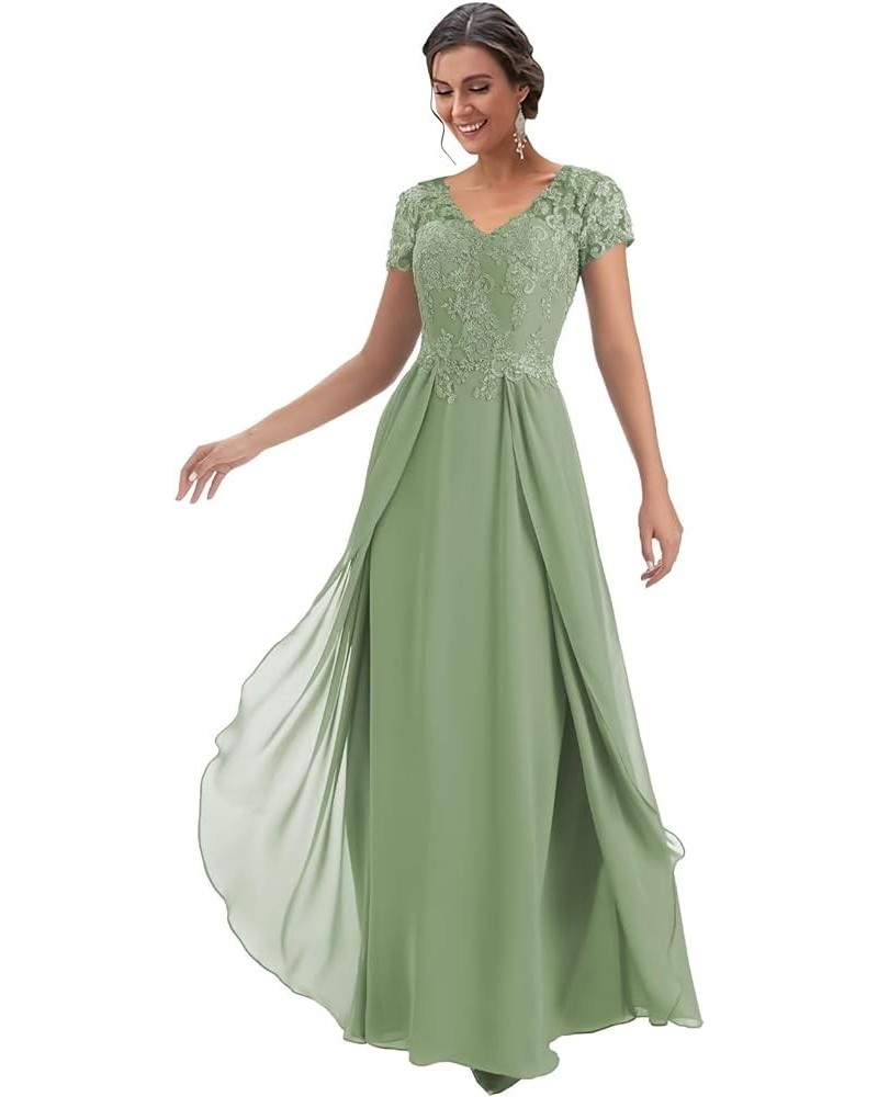 Short Sleeves Lace Appliques Mother of The Bride Dresses for Wedding Chiffon A-Line Long Formal Dress Sage Green $37.40 Dresses