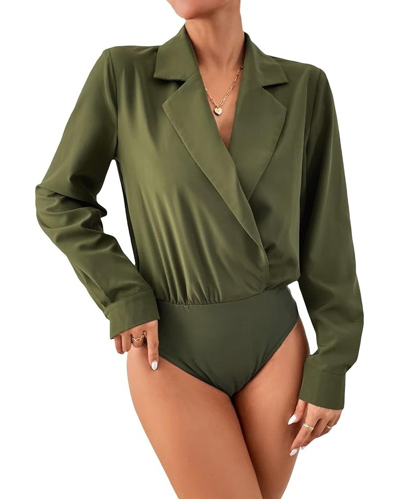 Women's Elegant Long Sleeve Wrap V Neck Lapel Collar Bodysuit Work Business Blouse Tops Army Green $11.22 Bodysuits