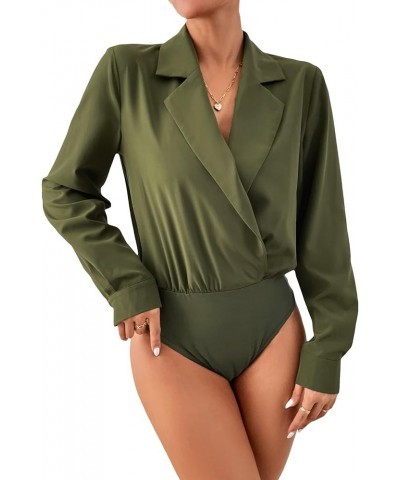 Women's Elegant Long Sleeve Wrap V Neck Lapel Collar Bodysuit Work Business Blouse Tops Army Green $11.22 Bodysuits