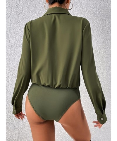 Women's Elegant Long Sleeve Wrap V Neck Lapel Collar Bodysuit Work Business Blouse Tops Army Green $11.22 Bodysuits