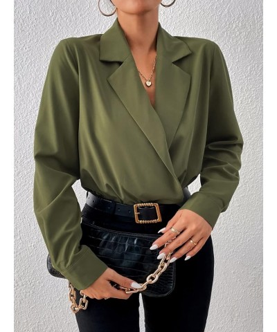 Women's Elegant Long Sleeve Wrap V Neck Lapel Collar Bodysuit Work Business Blouse Tops Army Green $11.22 Bodysuits