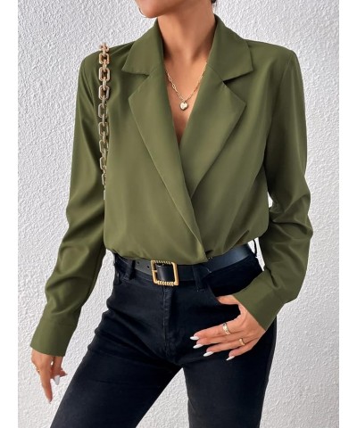 Women's Elegant Long Sleeve Wrap V Neck Lapel Collar Bodysuit Work Business Blouse Tops Army Green $11.22 Bodysuits