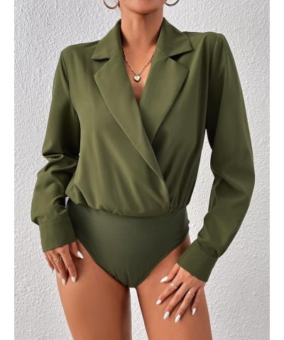 Women's Elegant Long Sleeve Wrap V Neck Lapel Collar Bodysuit Work Business Blouse Tops Army Green $11.22 Bodysuits