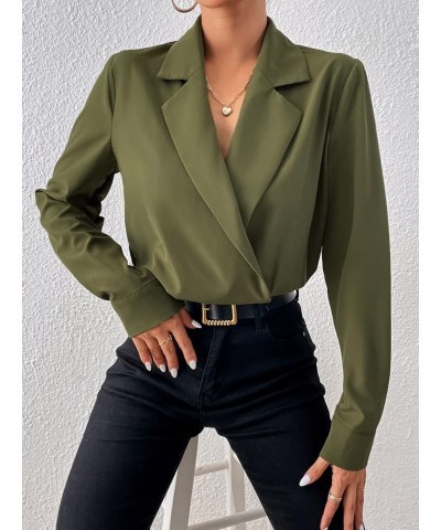 Women's Elegant Long Sleeve Wrap V Neck Lapel Collar Bodysuit Work Business Blouse Tops Army Green $11.22 Bodysuits