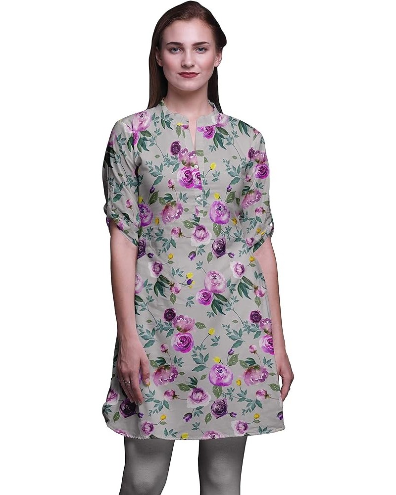 Indian Short Kurtis for Women Printed Tunic Roll Up Sleeve Shirt Light Gray $17.15 Tops