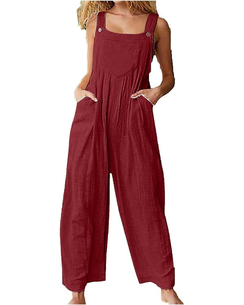 Jumpsuits For Women Casual Square Neck Jumpsuits Sleeveless Belted Wide Leg Romper One Piece Outfits with Pockets 08-red $5.0...