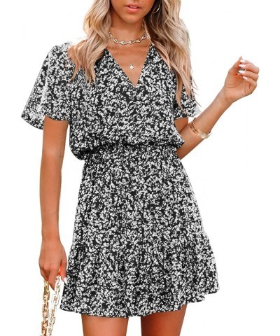 Floral Summer Dress for Women Short Sleeve Wedding Guest Dresses Boho Sun Short V Neck Mini Dress V Neck-black $12.24 Dresses