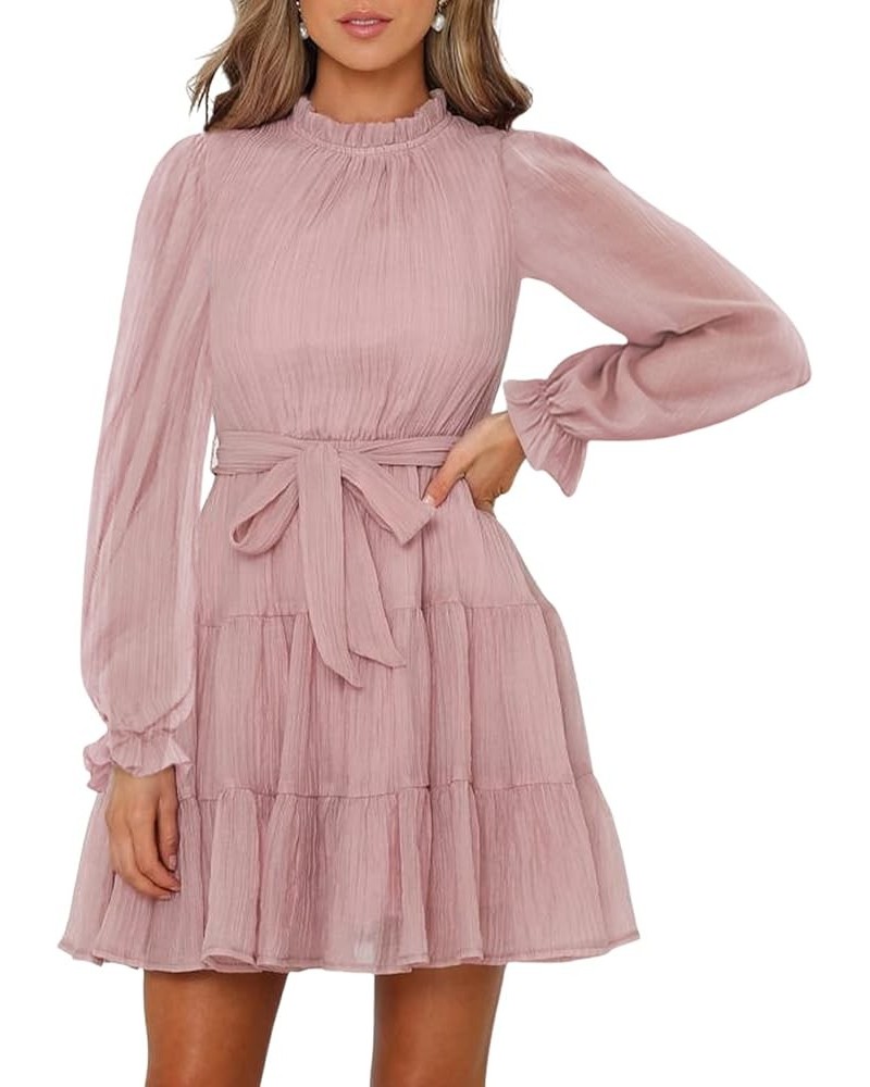 Women's Dresses for Women 2023 Long Sleeve Ruffle Waist Tie Casual Tiered A Line Mini Swing Dress Pink $18.85 Dresses