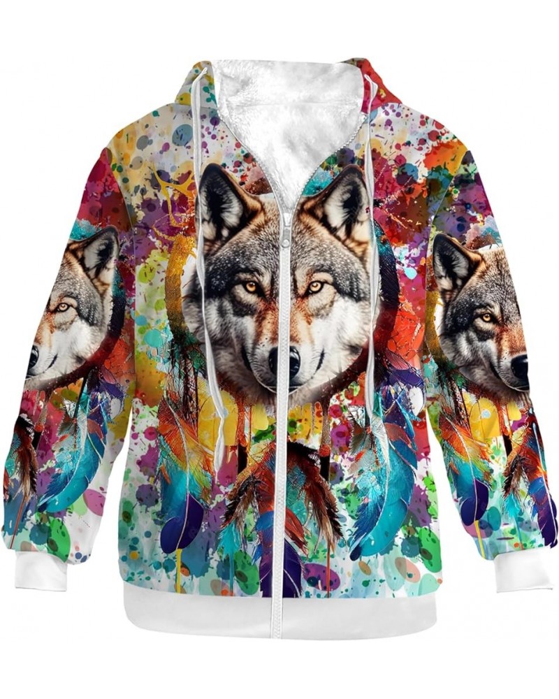 Unisex Adults Zip Up Hoodies Men Women Zipper Fleece Jacket Winter Coats Gifts for Her,Him Dreamcatcher Wolf $26.60 Jackets