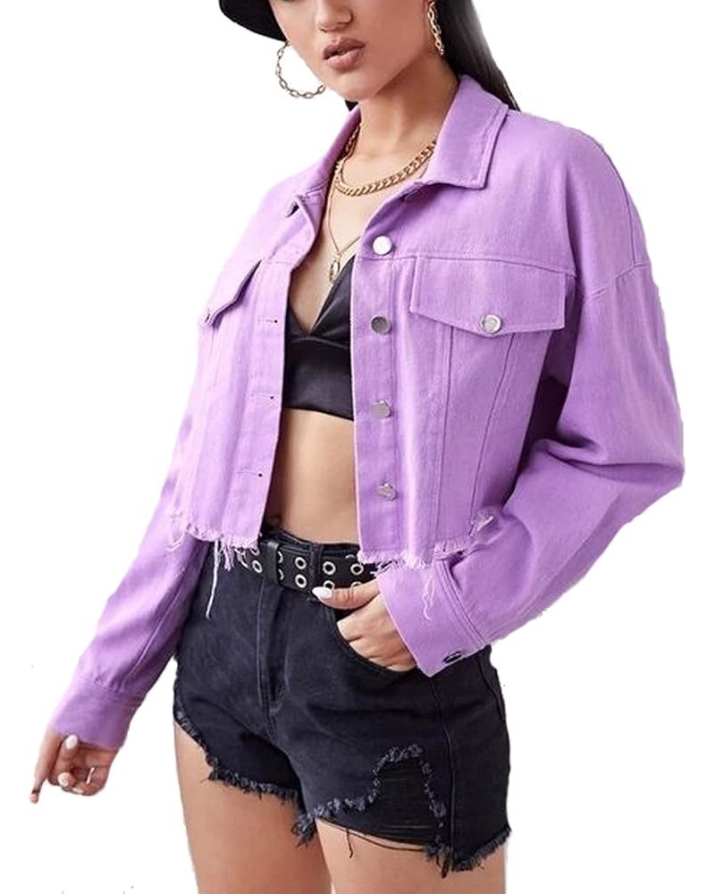 Women's Denim Jacket Long Sleeve Cropped Oversize Vintage Boyfriend Button Down Loose Jeans Coat S-XXL A Purple $20.21 Jackets