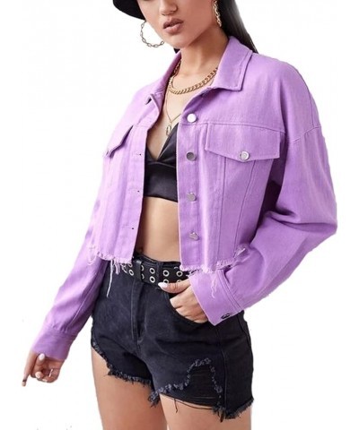 Women's Denim Jacket Long Sleeve Cropped Oversize Vintage Boyfriend Button Down Loose Jeans Coat S-XXL A Purple $20.21 Jackets