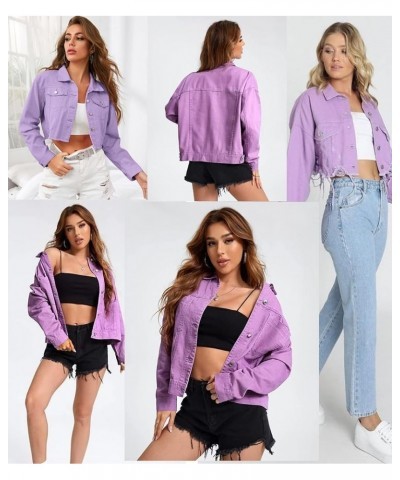 Women's Denim Jacket Long Sleeve Cropped Oversize Vintage Boyfriend Button Down Loose Jeans Coat S-XXL A Purple $20.21 Jackets