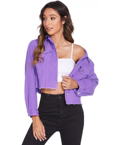 Women's Denim Jacket Long Sleeve Cropped Oversize Vintage Boyfriend Button Down Loose Jeans Coat S-XXL A Purple $20.21 Jackets