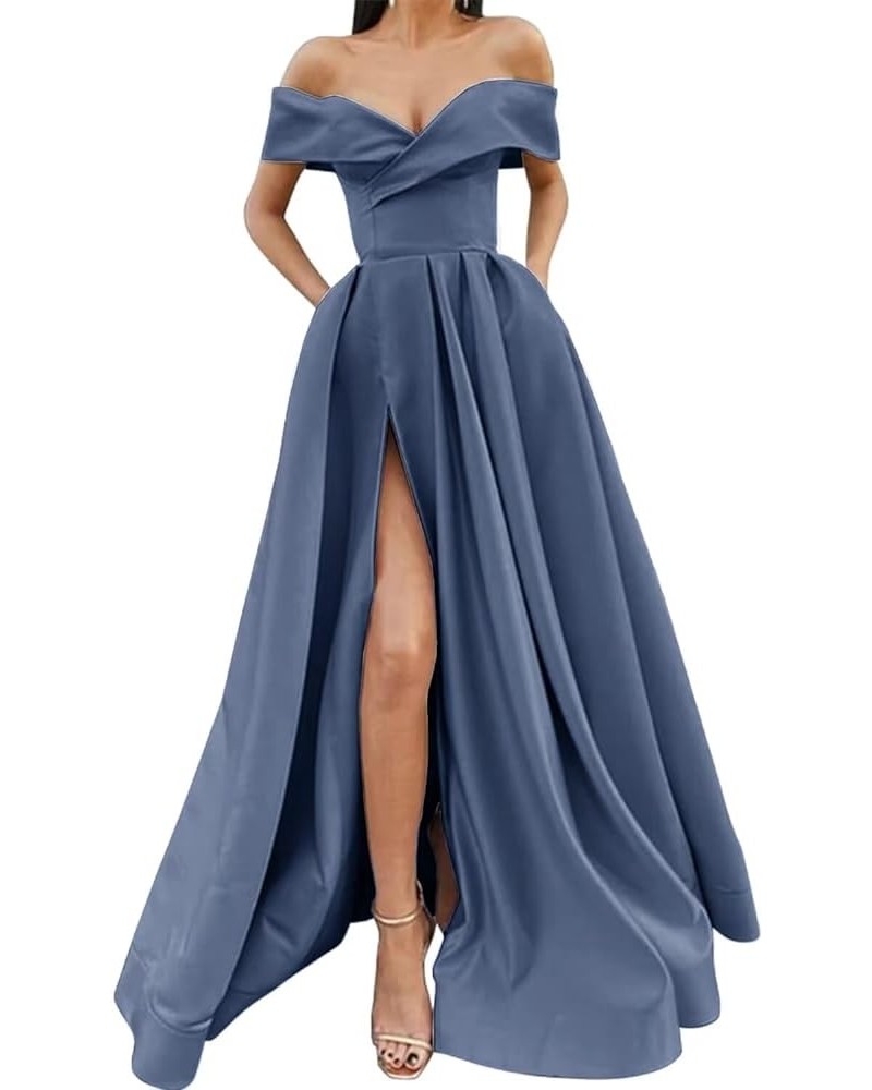 Off Shoulder Long Slit Prom Dresses A-Line Satin Formal Evening Party Gowns with Pockets Stormy Blue $42.92 Dresses