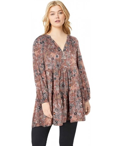 Women's Plus Size Tiered Tunic With Notch V-Neck Rose Multi Print $25.75 Tops