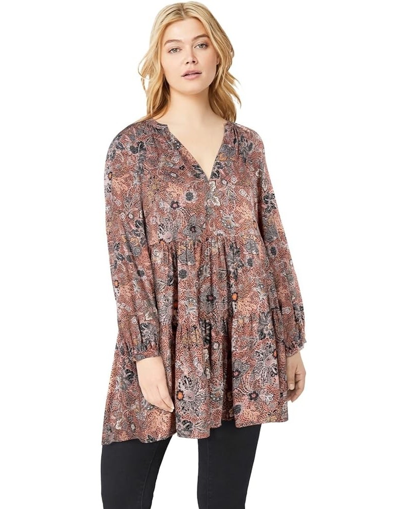 Women's Plus Size Tiered Tunic With Notch V-Neck Rose Multi Print $25.75 Tops