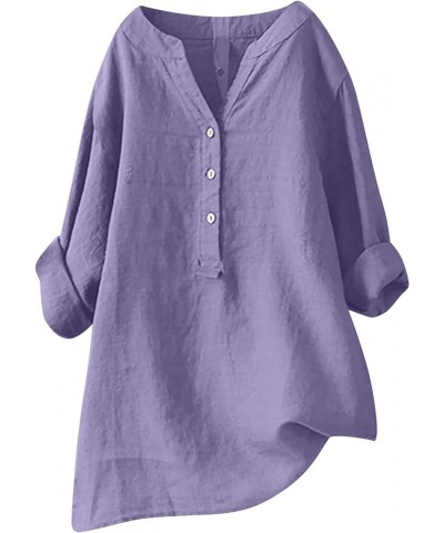 Womens Cotton Linen Blouse Long Sleeve Button Down V Neck Shirts Oversized Casual Basic T Shirts Loose Fit Tops 03-purple $7....