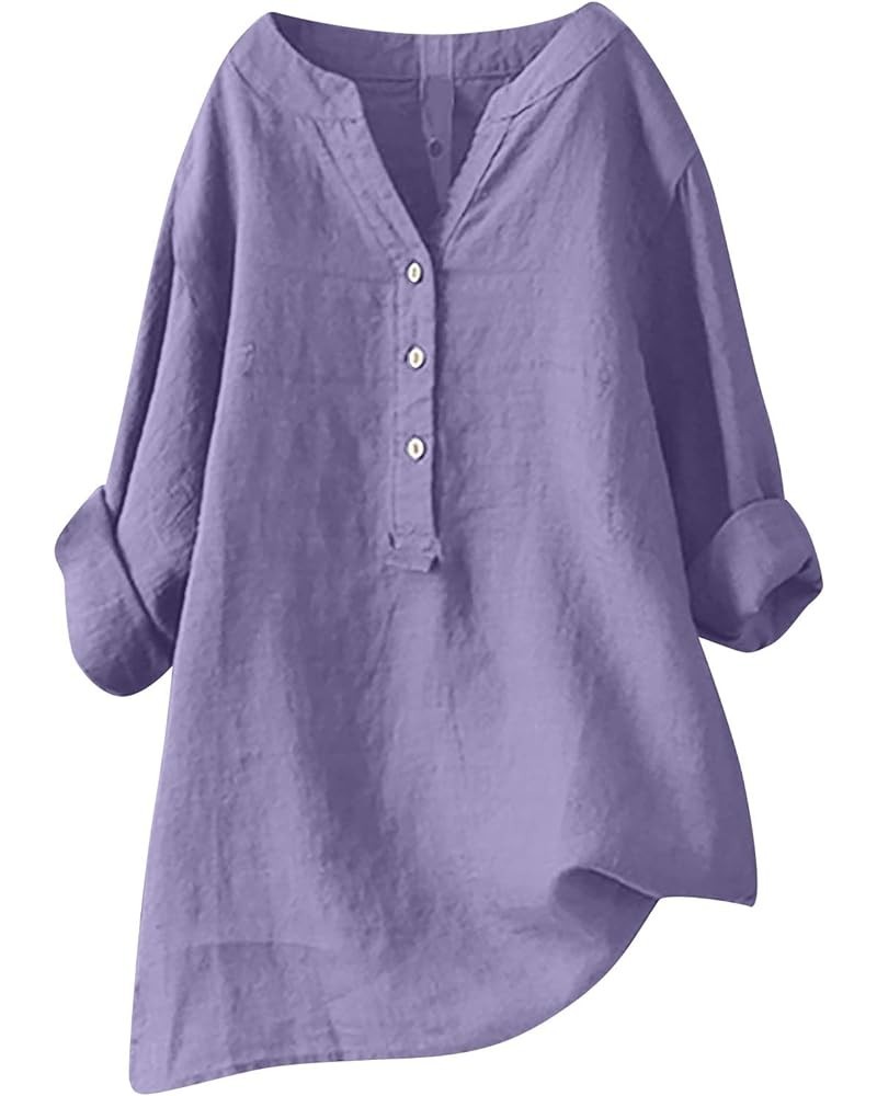 Womens Cotton Linen Blouse Long Sleeve Button Down V Neck Shirts Oversized Casual Basic T Shirts Loose Fit Tops 03-purple $7....