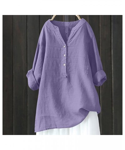 Womens Cotton Linen Blouse Long Sleeve Button Down V Neck Shirts Oversized Casual Basic T Shirts Loose Fit Tops 03-purple $7....