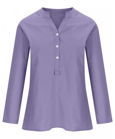 Womens Cotton Linen Blouse Long Sleeve Button Down V Neck Shirts Oversized Casual Basic T Shirts Loose Fit Tops 03-purple $7....