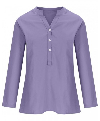 Womens Cotton Linen Blouse Long Sleeve Button Down V Neck Shirts Oversized Casual Basic T Shirts Loose Fit Tops 03-purple $7....