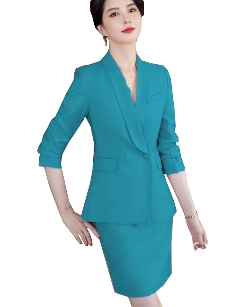 Women's 2 Piece's Slim Fit Suit Skirt Set for Office Lady Blazer & Skirt Turquoise $35.35 Suits