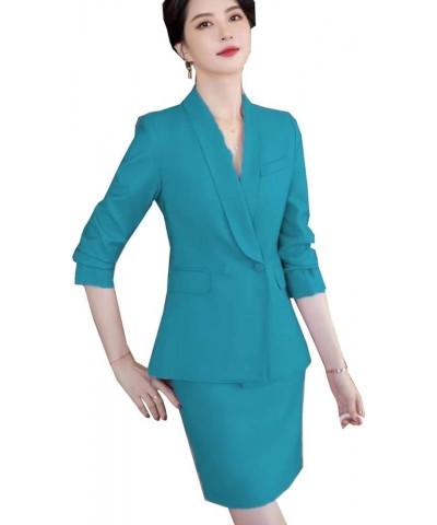 Women's 2 Piece's Slim Fit Suit Skirt Set for Office Lady Blazer & Skirt Turquoise $35.35 Suits