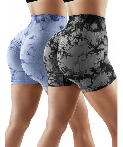 Women Butt Lifting Booty Shorts 5" Seamless High Waisted Workout Shorts Pack of 2-4 Inseam 3-black Grey-blue White-tie Dye-2 ...