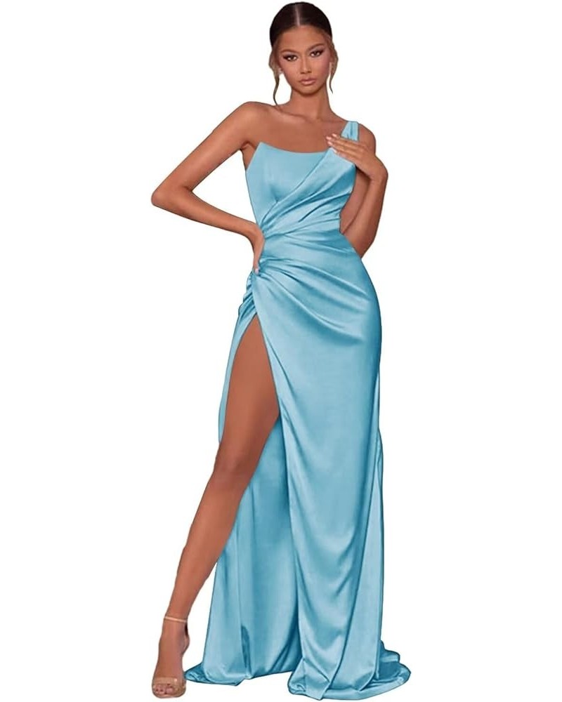 One Shoulder Satin Mermaid Prom Dresses for Women Ruched Long Bridesmaid Dress Formal Evening Gowns Blue $32.40 Dresses