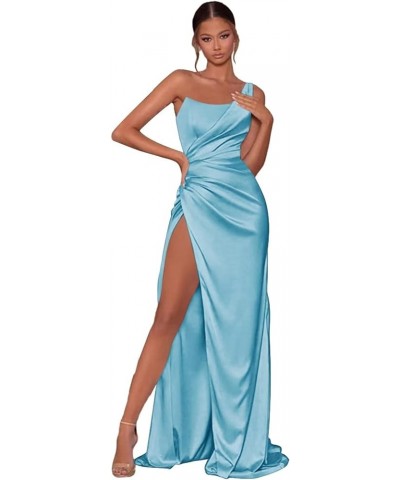 One Shoulder Satin Mermaid Prom Dresses for Women Ruched Long Bridesmaid Dress Formal Evening Gowns Blue $32.40 Dresses