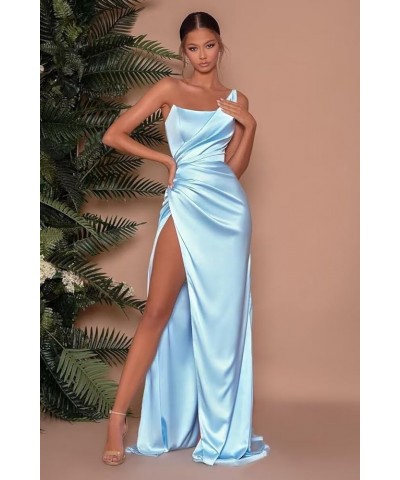 One Shoulder Satin Mermaid Prom Dresses for Women Ruched Long Bridesmaid Dress Formal Evening Gowns Blue $32.40 Dresses