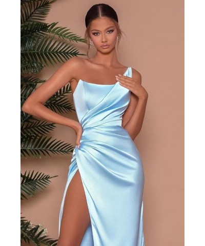 One Shoulder Satin Mermaid Prom Dresses for Women Ruched Long Bridesmaid Dress Formal Evening Gowns Blue $32.40 Dresses